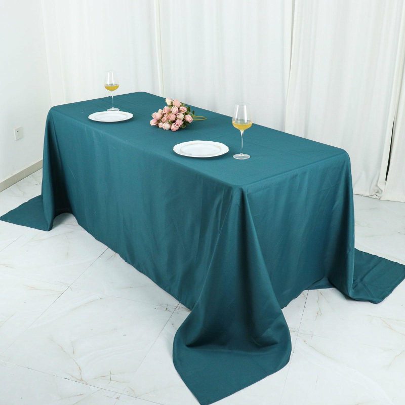 Peacock Teal Seamless Polyester Rectangular Tablecloth 90″x132″ for 6 Foot Table With Floor-Length Drop  |   Polyester Polyester Peacock Teal