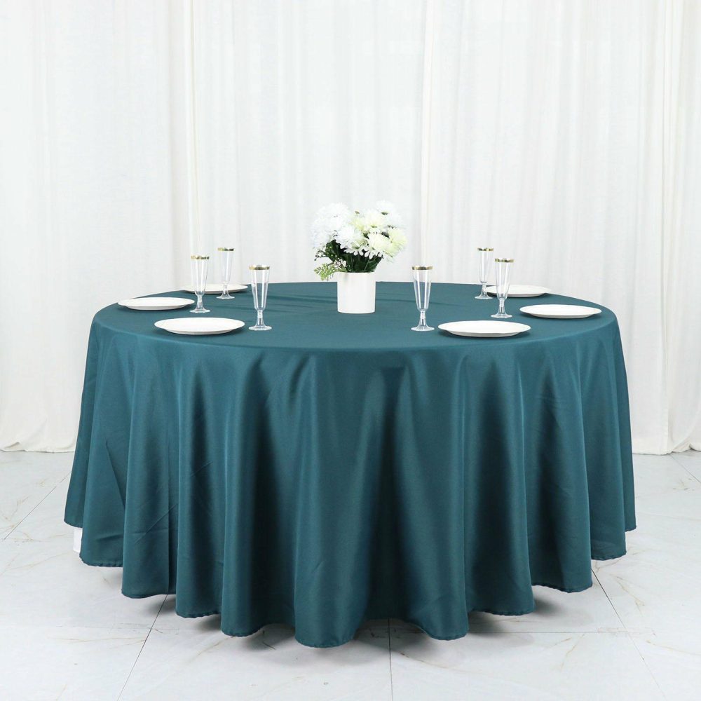 Peacock Teal Seamless Polyester Round Tablecloth 108″  |   Polyester Polyester Peacock Teal