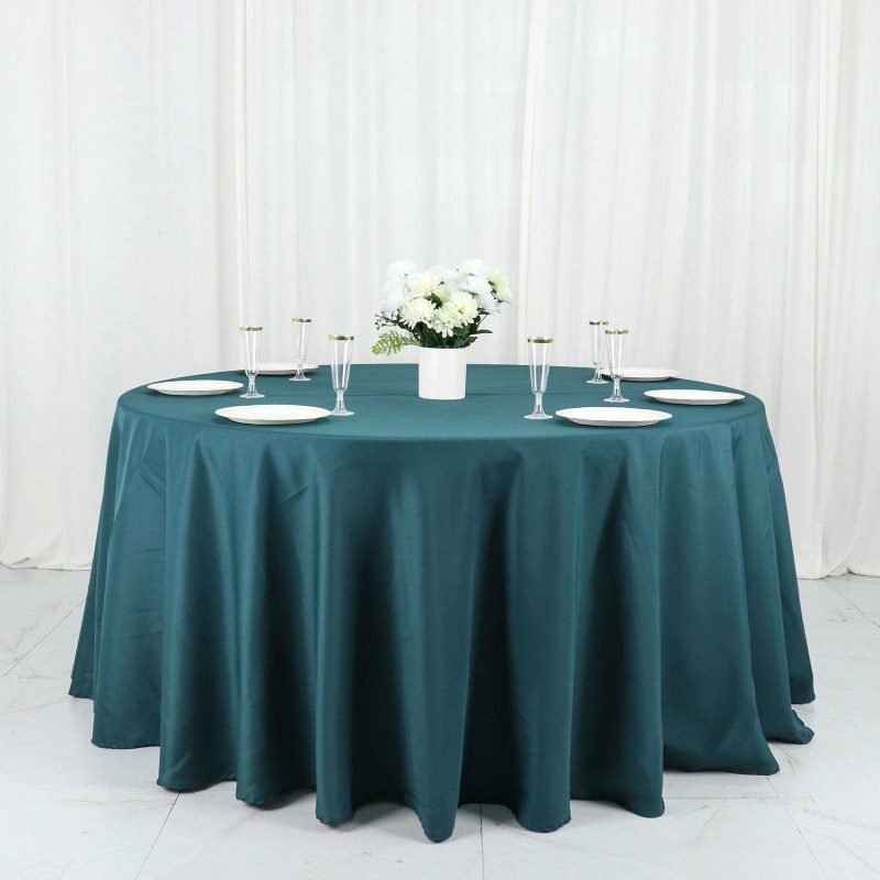 Peacock Teal Seamless Polyester Round Tablecloth 120″ for 5 Foot Table With Floor-Length Drop  |   Polyester Polyester Peacock Teal