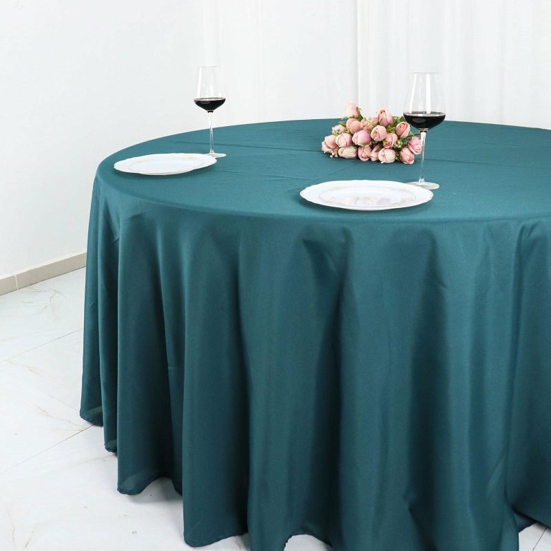 Peacock Teal Seamless Polyester Round Tablecloth 120″ for 5 Foot Table With Floor-Length Drop  |   Polyester Polyester Peacock Teal