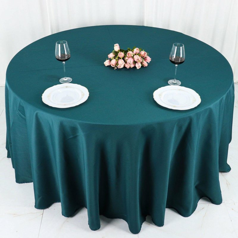 Peacock Teal Seamless Polyester Round Tablecloth 120″ for 5 Foot Table With Floor-Length Drop  |   Polyester Polyester Peacock Teal