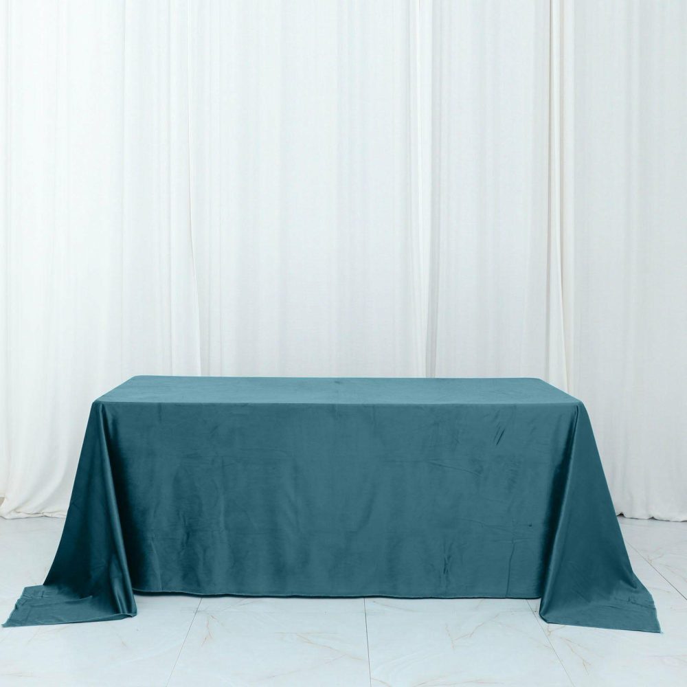 Peacock Teal Seamless Premium Velvet Rectangle Tablecloth, Reusable Linen 90″x132″ for 6 Foot Table With Floor-Length Drop  |   Velvet & Flocking Tablecloths Peacock Teal