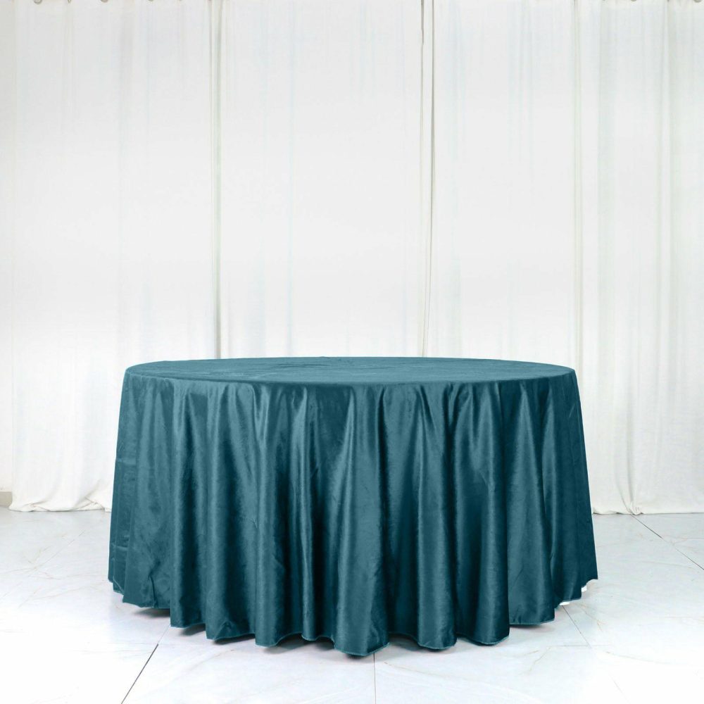 Peacock Teal Seamless Premium Velvet Round Tablecloth, Reusable Linen 120″ for 5 Foot Table With Floor-Length Drop  |   Velvet & Flocking Tablecloths Peacock Teal