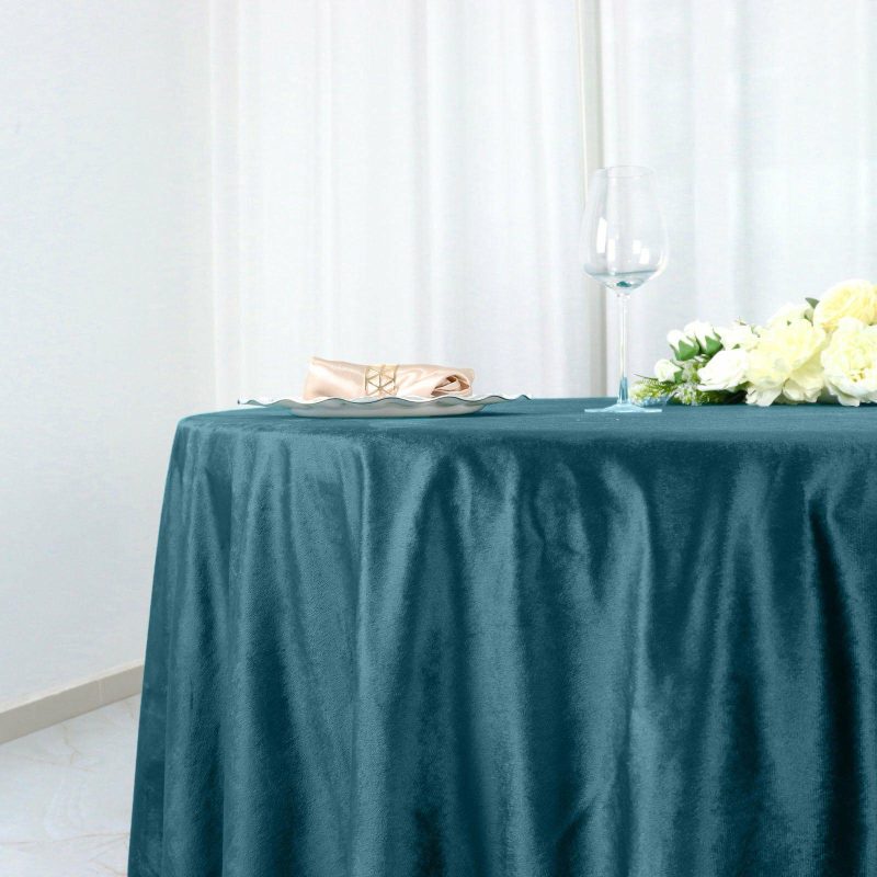 Peacock Teal Seamless Premium Velvet Round Tablecloth, Reusable Linen 120″ for 5 Foot Table With Floor-Length Drop  |   Velvet & Flocking Tablecloths Peacock Teal