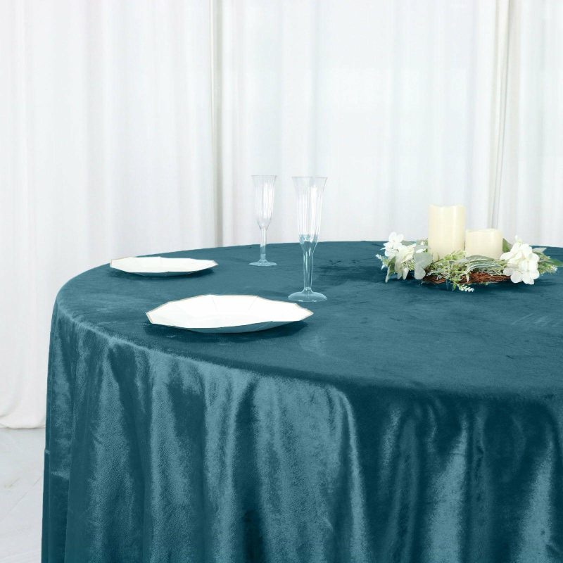 Peacock Teal Seamless Premium Velvet Round Tablecloth, Reusable Linen 120″ for 5 Foot Table With Floor-Length Drop  |   Velvet & Flocking Tablecloths Peacock Teal