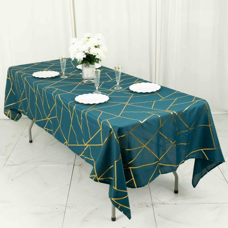 Peacock Teal Seamless Rectangle Polyester Tablecloth With Gold Foil Geometric Pattern 60″x102″  |   Polyester Polyester Peacock Teal