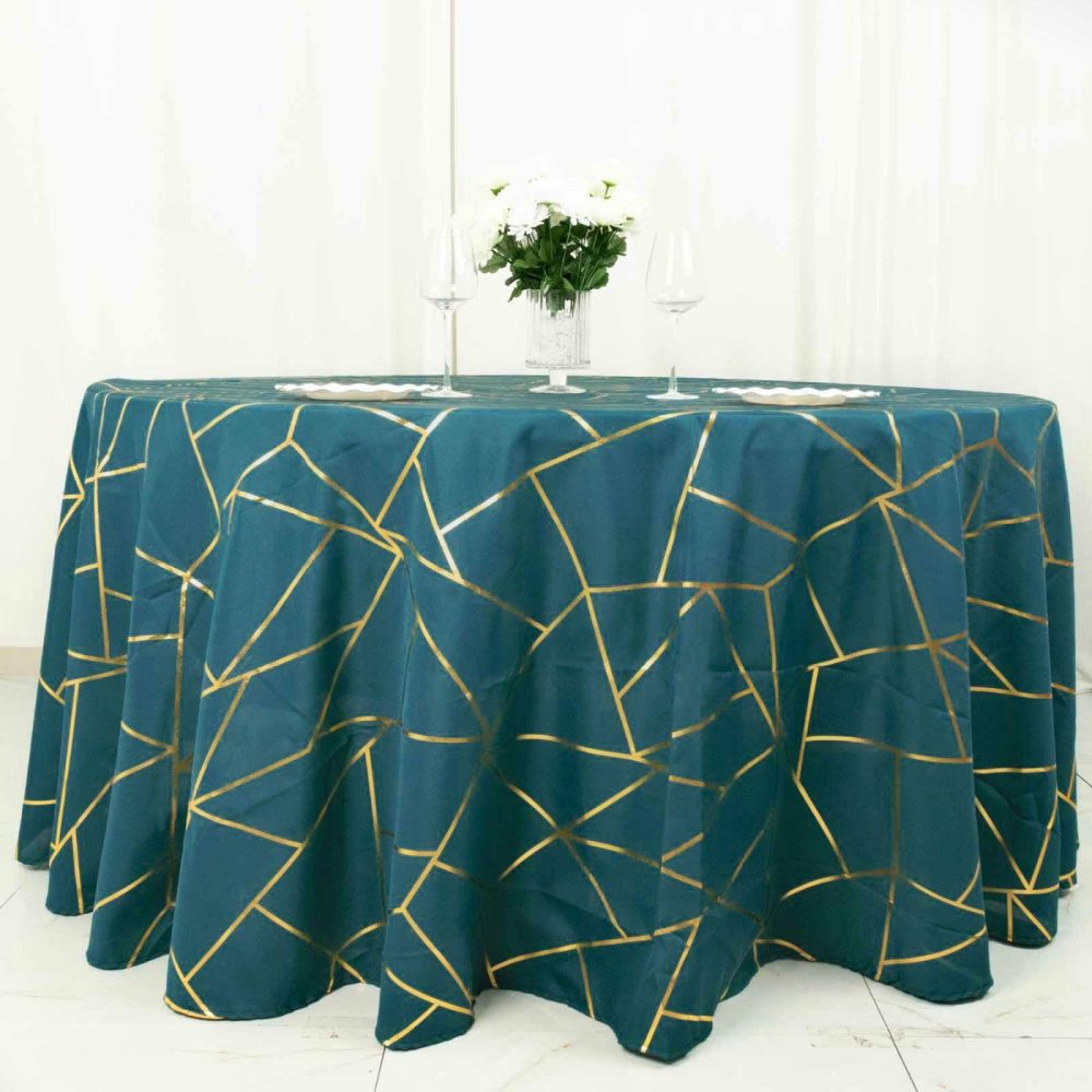 Peacock Teal Seamless Round Polyester Tablecloth With Gold Foil Geometric Pattern 120″ for 5 Foot Table With Floor-Length Drop  |   Polyester Polyester Peacock Teal