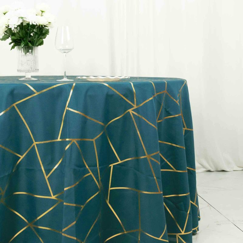 Peacock Teal Seamless Round Polyester Tablecloth With Gold Foil Geometric Pattern 120″ for 5 Foot Table With Floor-Length Drop  |   Polyester Polyester Peacock Teal