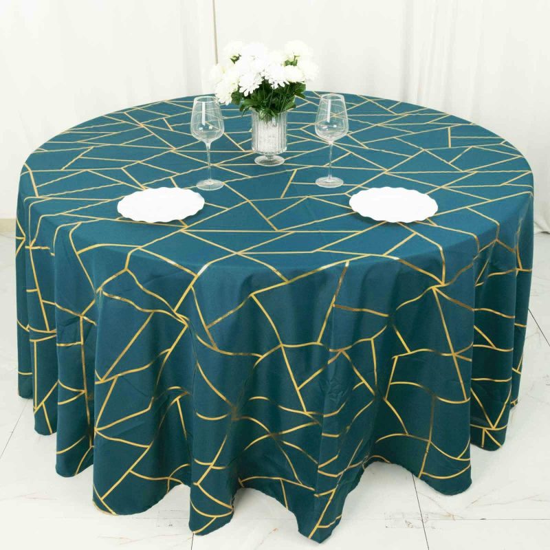 Peacock Teal Seamless Round Polyester Tablecloth With Gold Foil Geometric Pattern 120″ for 5 Foot Table With Floor-Length Drop  |   Polyester Polyester Peacock Teal