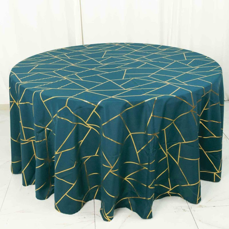 Peacock Teal Seamless Round Polyester Tablecloth With Gold Foil Geometric Pattern 120″ for 5 Foot Table With Floor-Length Drop  |   Polyester Polyester Peacock Teal