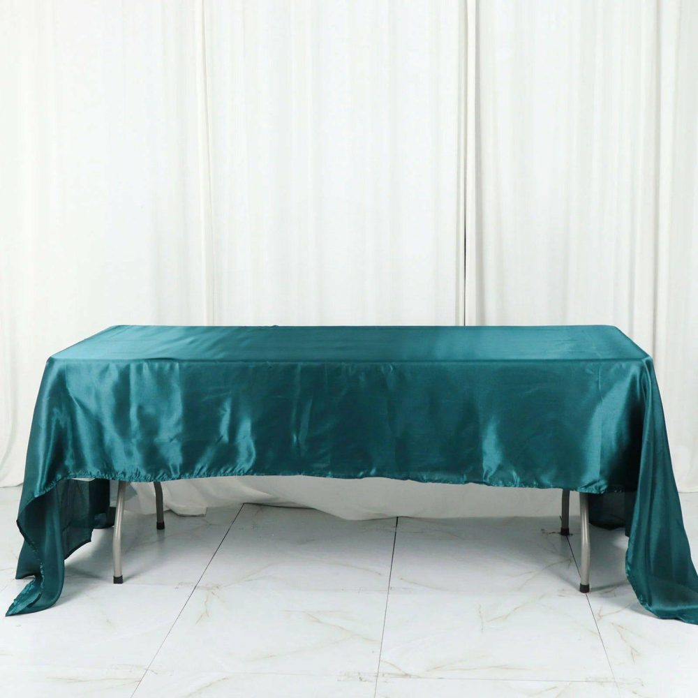 Peacock Teal Seamless Satin Rectangular Tablecloth 60″x126″  |   Satin Satin Peacock Teal