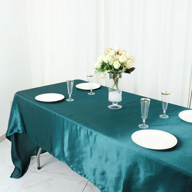 Peacock Teal Seamless Satin Rectangular Tablecloth 60″x126″  |   Satin Satin Peacock Teal