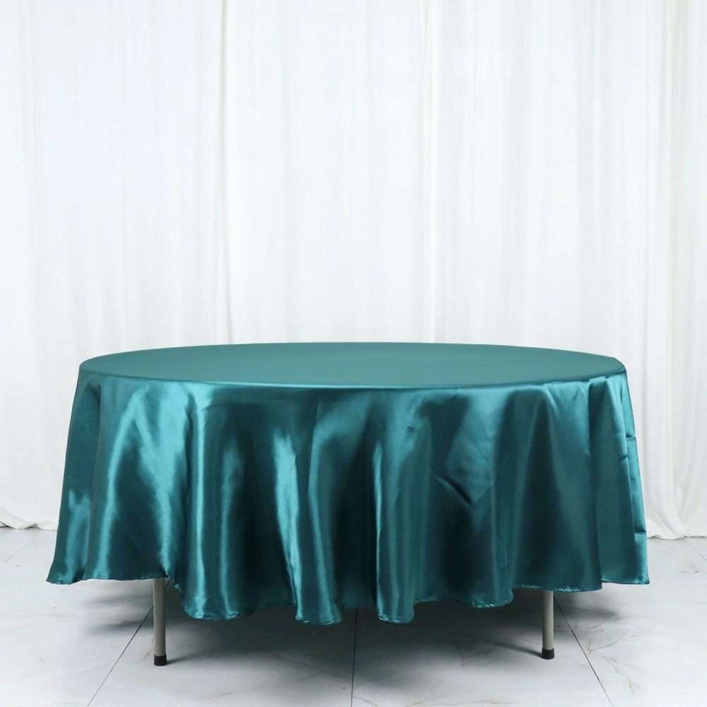 Peacock Teal Seamless Satin Round Tablecloth 108″  |   Satin Satin Peacock Teal