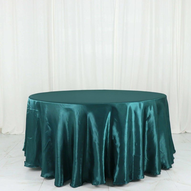 Peacock Teal Seamless Satin Round Tablecloth 120″ for 5 Foot Table With Floor-Length Drop  |   Satin Satin Peacock Teal