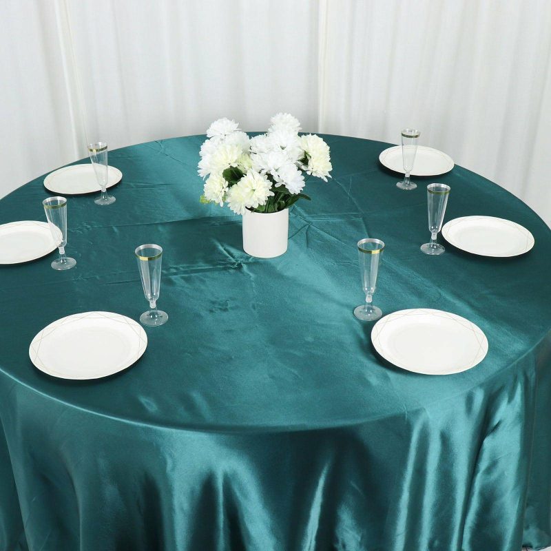 Peacock Teal Seamless Satin Round Tablecloth 120″ for 5 Foot Table With Floor-Length Drop  |   Satin Satin Peacock Teal