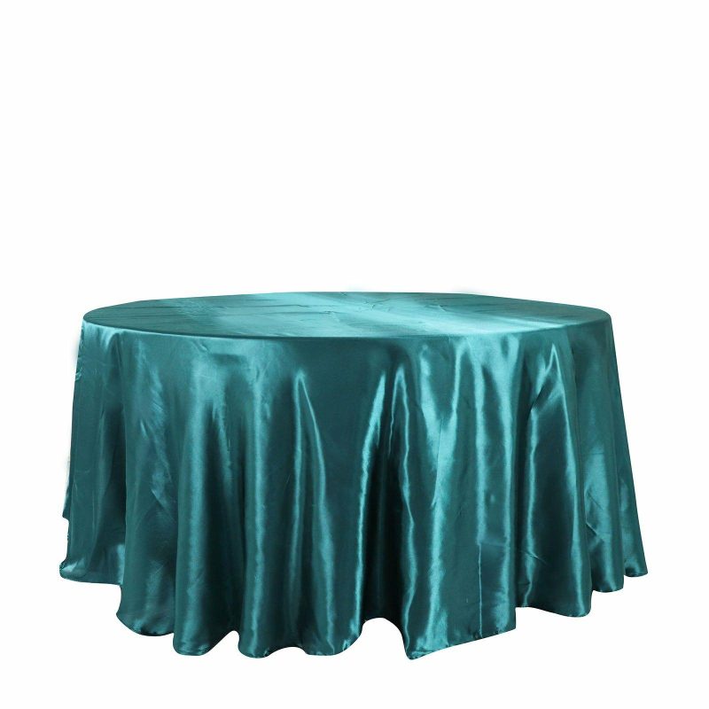 Peacock Teal Seamless Satin Round Tablecloth 120″ for 5 Foot Table With Floor-Length Drop  |   Satin Satin Peacock Teal