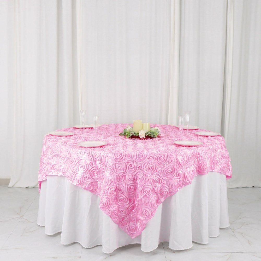 Pink 3D Rosette Satin Square Table Overlay 72″x72″  |   Satin & Taffeta Satin & Taffeta Pink