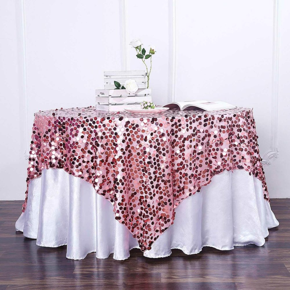 Pink Premium Big Payette Sequin Square Table Overlay 72″x72″  |   Sequin Sequin Pink