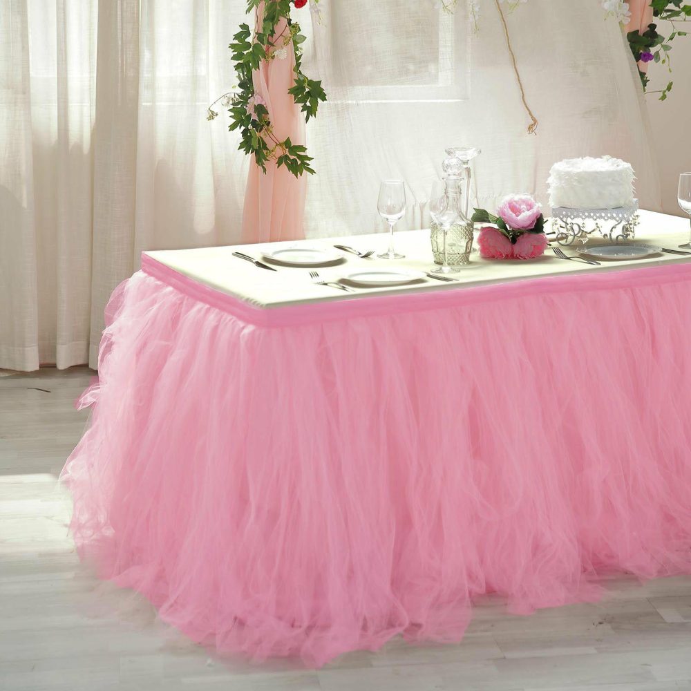 Pink / Rose Quartz 4 Layer Tulle Tutu Pleated Table Skirt 21ft  |   Ruffled Tulle Ruffled Tulle Pink/Rose quartz