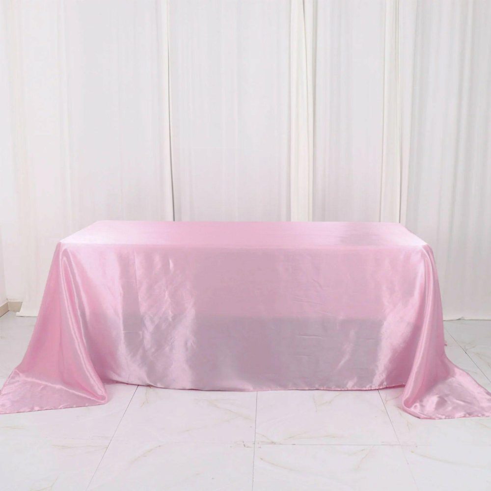 Pink Satin Seamless Rectangular Tablecloth 90″x132″ for 6 Foot Table With Floor-Length Drop  |   Satin Satin Pink