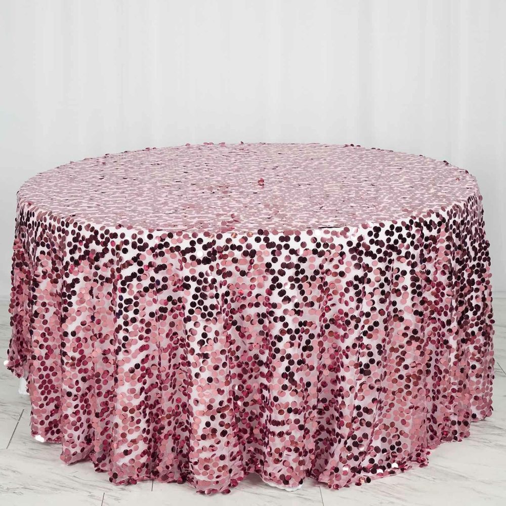 Pink Seamless Big Payette Sequin Round Tablecloth Premium Collection 120″ for 5 Foot Table With Floor-Length Drop  |   Sequin Sequin Pink