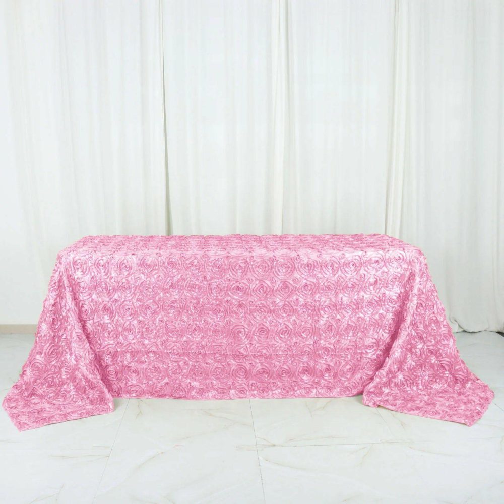 Pink Seamless Grandiose 3D Rosette Satin Rectangle Tablecloth 90″x132″ for 6 Foot Table With Floor-Length Drop  |   Rosette Rosette Pink