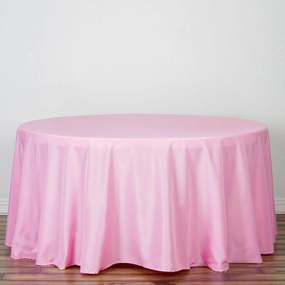 Pink Seamless Polyester Round Tablecloth 132″ for 6 Foot Table With Floor-Length Drop  |   Polyester Polyester Pink