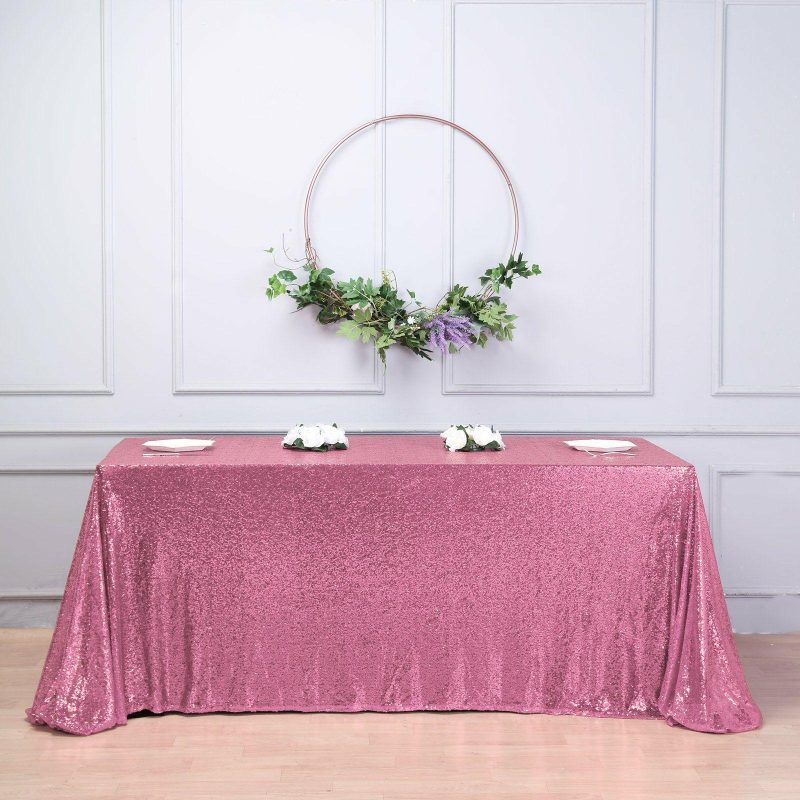 Pink Seamless Premium Sequin Rectangle Tablecloth 90X156″ for 8 Foot Table With Floor-Length Drop  |   Sequin Sequin Pink