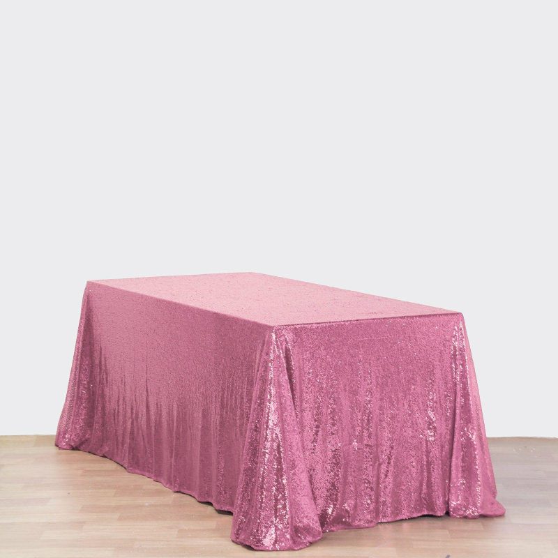 Pink Seamless Premium Sequin Rectangle Tablecloth 90X156″ for 8 Foot Table With Floor-Length Drop  |   Sequin Sequin Pink