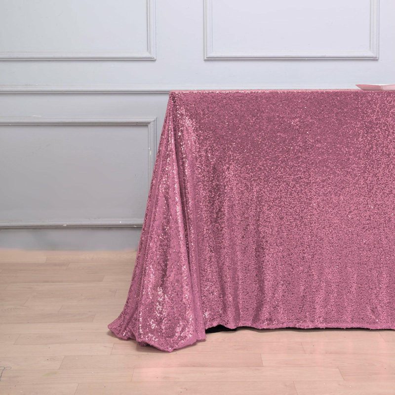 Pink Seamless Premium Sequin Rectangle Tablecloth 90X156″ for 8 Foot Table With Floor-Length Drop  |   Sequin Sequin Pink