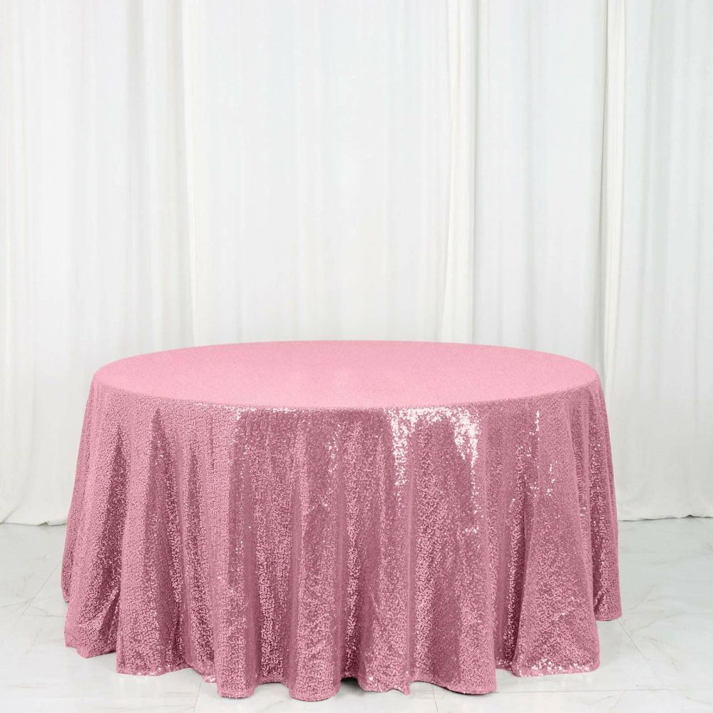 Pink Seamless Premium Sequin Round Tablecloth 120″ for 5 Foot Table With Floor-Length Drop  |   Sequin Sequin Pink