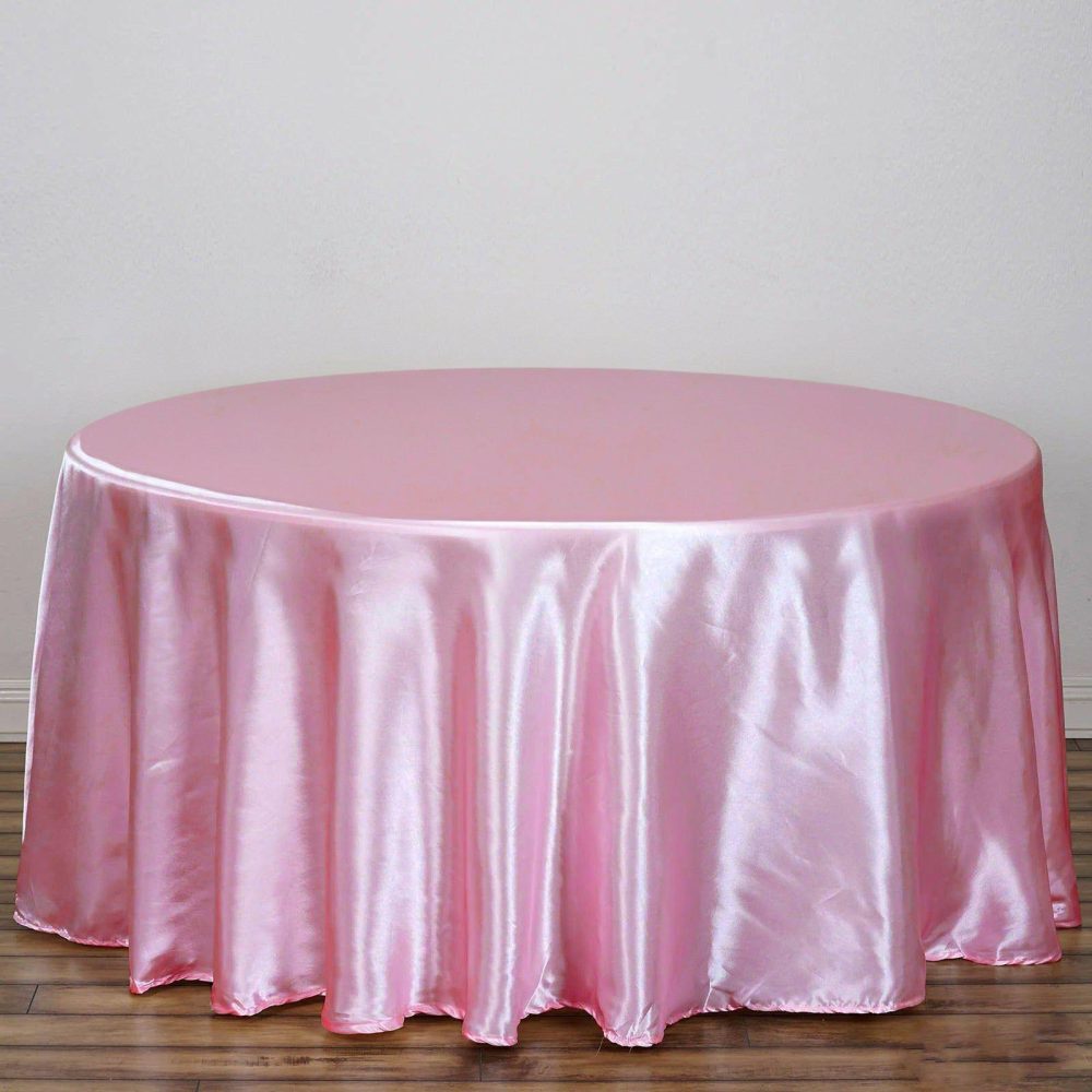 Pink Seamless Satin Round Tablecloth 120″ for 5 Foot Table With Floor-Length Drop  |   Satin Satin Pink