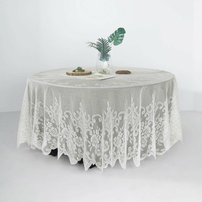 Premium Lace Ivory Round Seamless Tablecloth 108″  |   Jute Burlap & Lace Jute Burlap & Lace Ivory