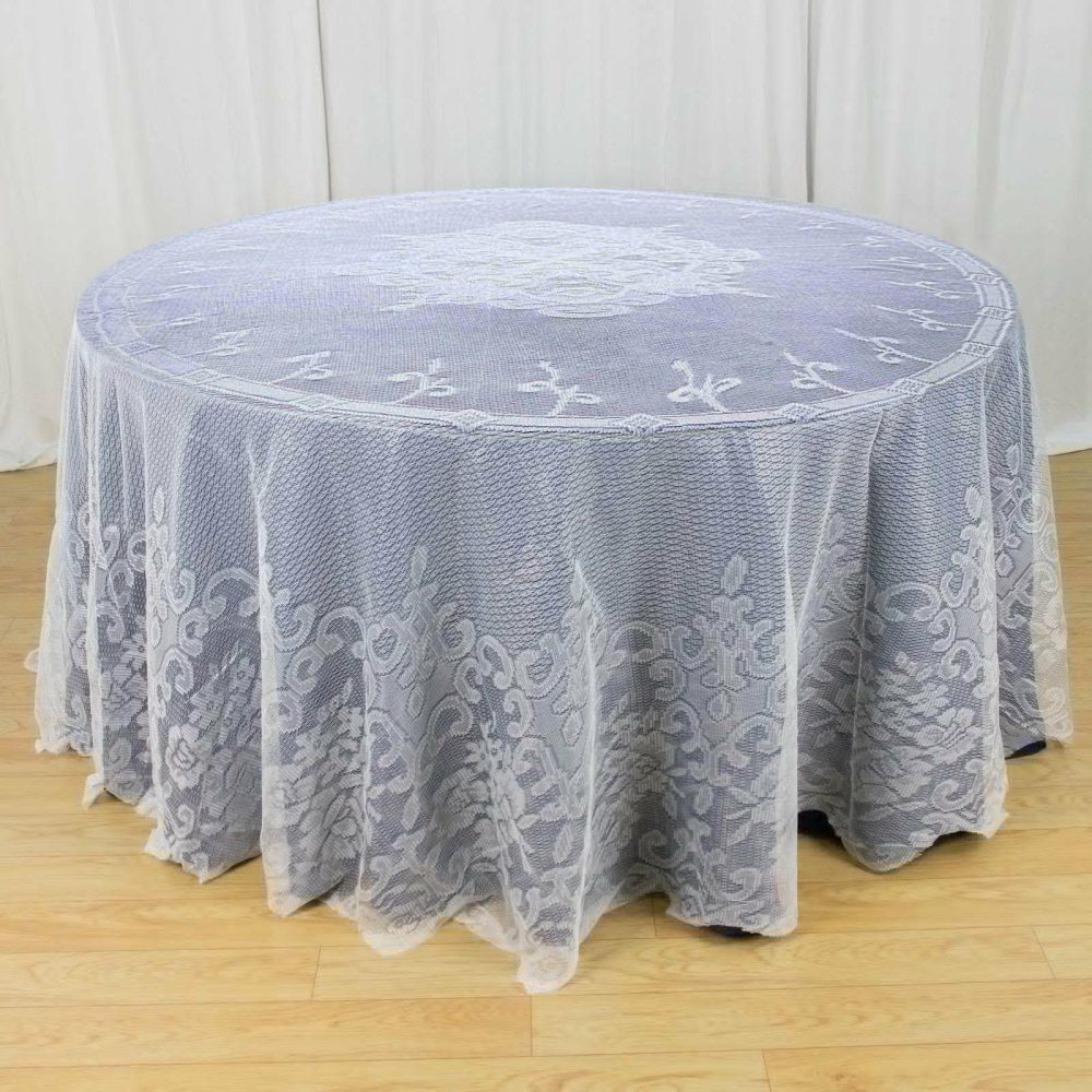 Premium Lace Ivory Round Seamless Tablecloth 120″ for 5 Foot Table With Floor-Length Drop  |   Jute Burlap & Lace Jute Burlap & Lace Ivory