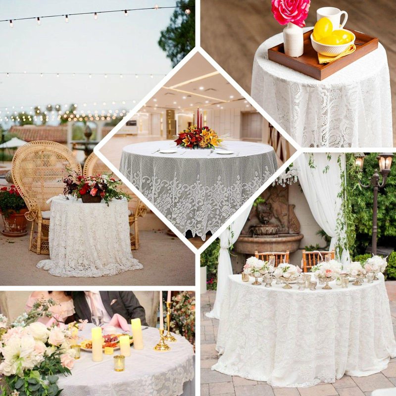 Premium Lace White Round Seamless Tablecloth 108″  |   Jute Burlap & Lace Jute Burlap & Lace