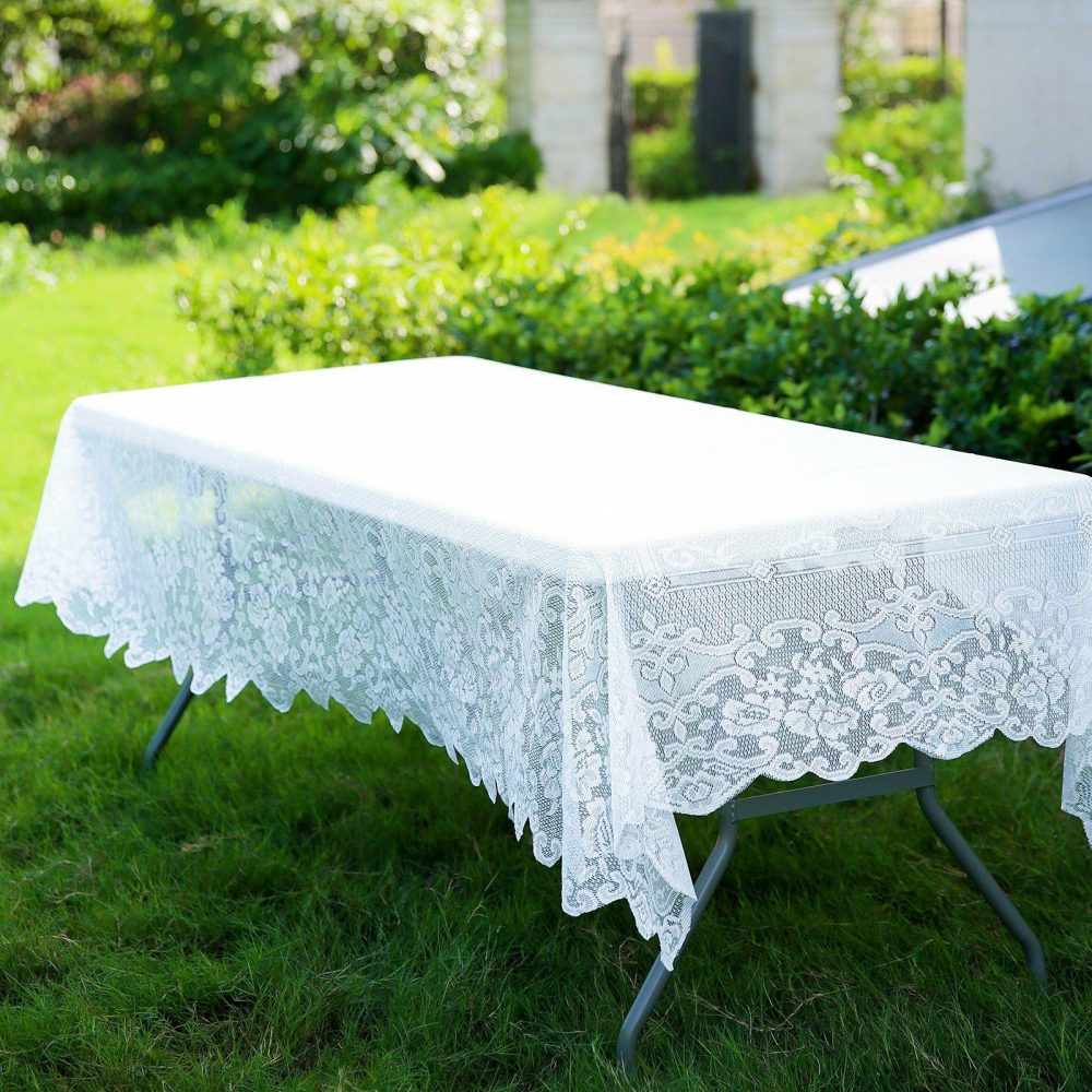 Premium Lace White Seamless Rectangular Oblong Tablecloth 60″X126″  |   Jute Burlap & Lace Jute Burlap & Lace Jute Burlap & Lace