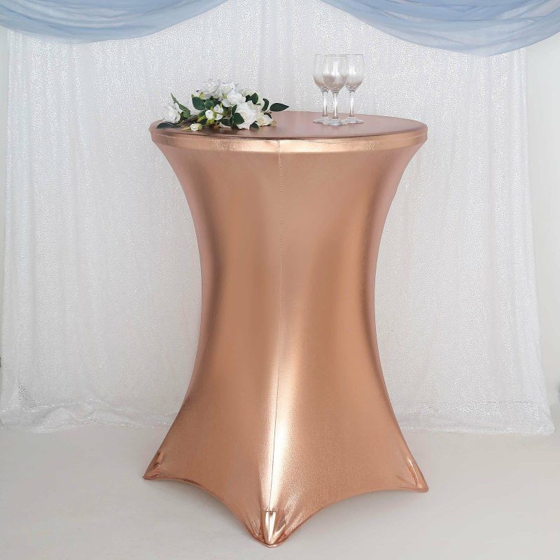 Premium Metallic Blush Spandex Highboy Cocktail Table Cover 32″ Día  |   Spandex & Fitted Spandex & Fitted Blush