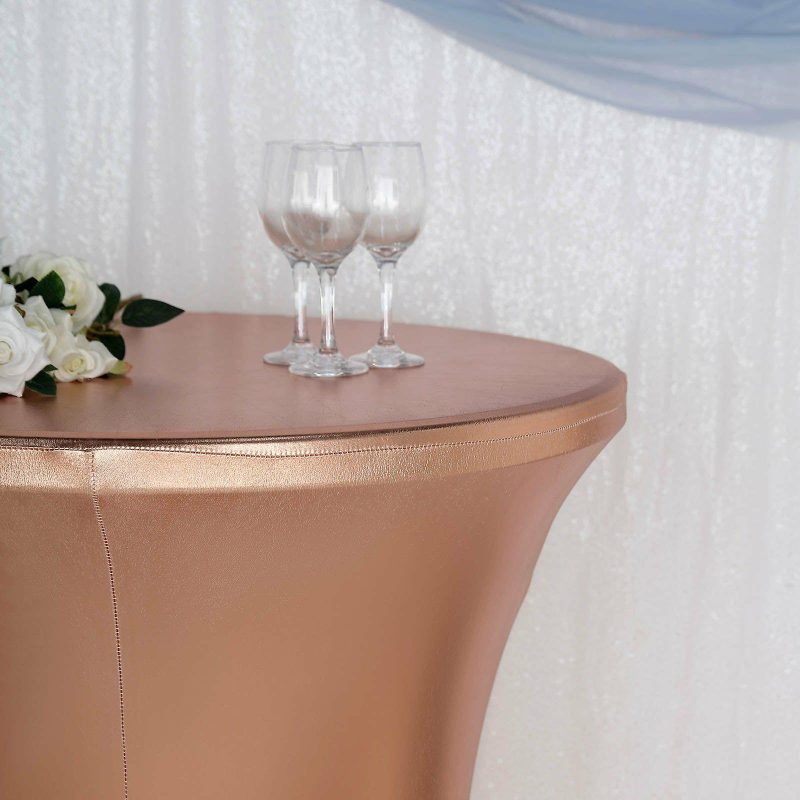 Premium Metallic Blush Spandex Highboy Cocktail Table Cover 32″ Día  |   Spandex & Fitted Spandex & Fitted Blush