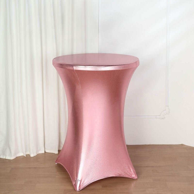 Premium Metallic Rose Gold Spandex Highboy Cocktail Table Cover 32″ Día  |   Spandex & Fitted Spandex & Fitted Rose gold