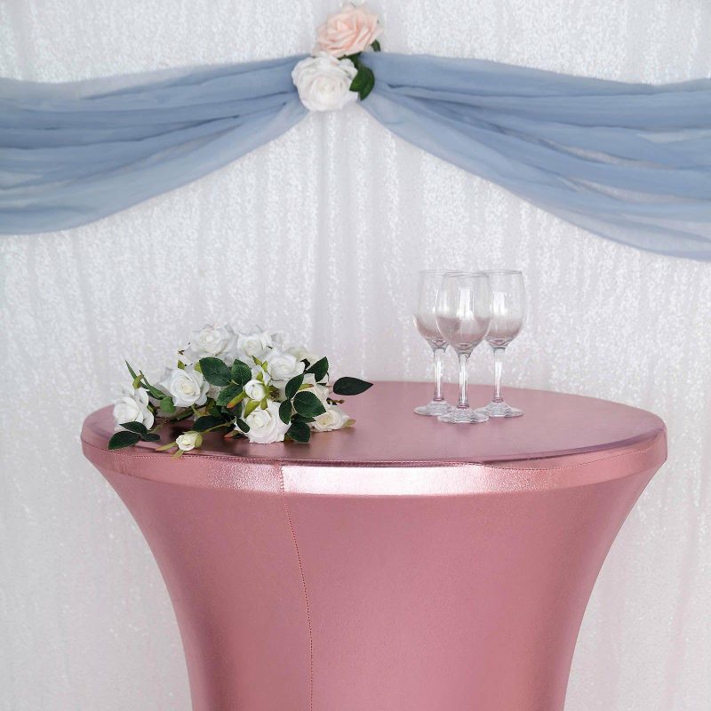 Premium Metallic Rose Gold Spandex Highboy Cocktail Table Cover 32″ Día  |   Spandex & Fitted Spandex & Fitted Rose gold