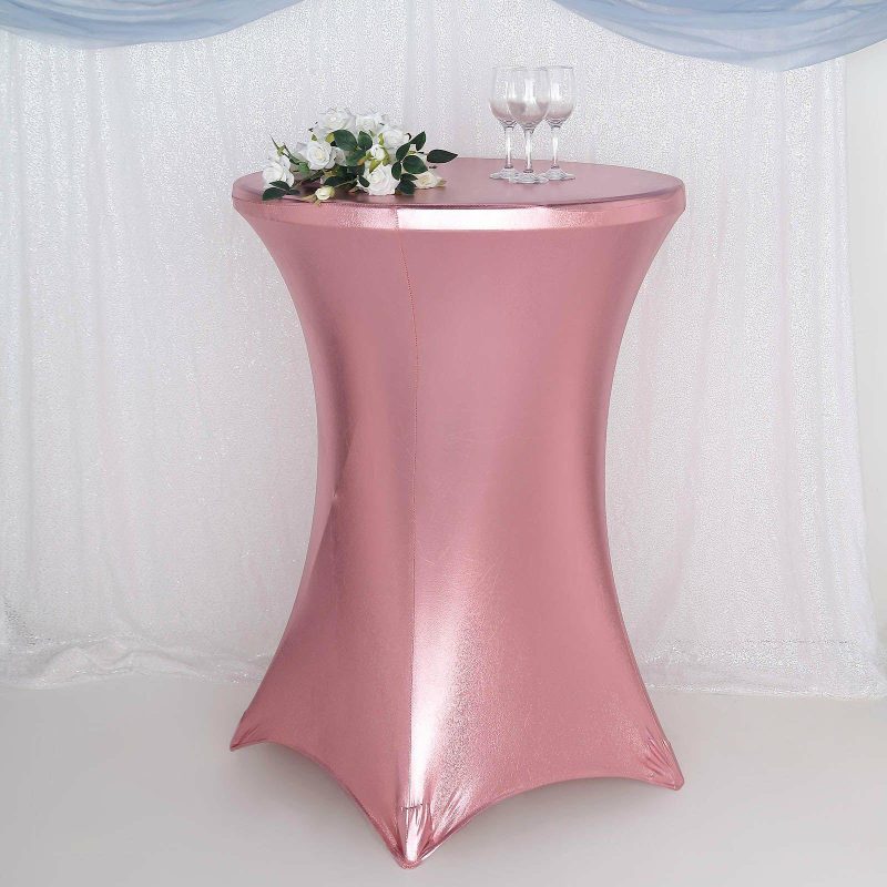 Premium Metallic Rose Gold Spandex Highboy Cocktail Table Cover 32″ Día  |   Spandex & Fitted Spandex & Fitted Rose gold