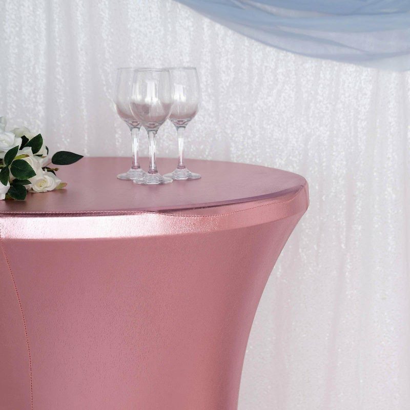 Premium Metallic Rose Gold Spandex Highboy Cocktail Table Cover 32″ Día  |   Spandex & Fitted Spandex & Fitted Rose gold