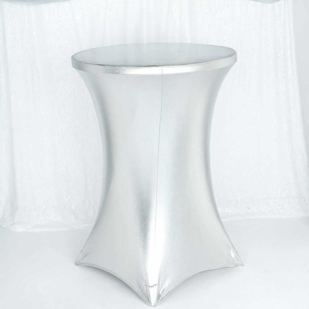 Premium Metallic Silver Spandex Highboy Cocktail Table Cover 32″ Día  |   Spandex & Fitted Spandex & Fitted Silver