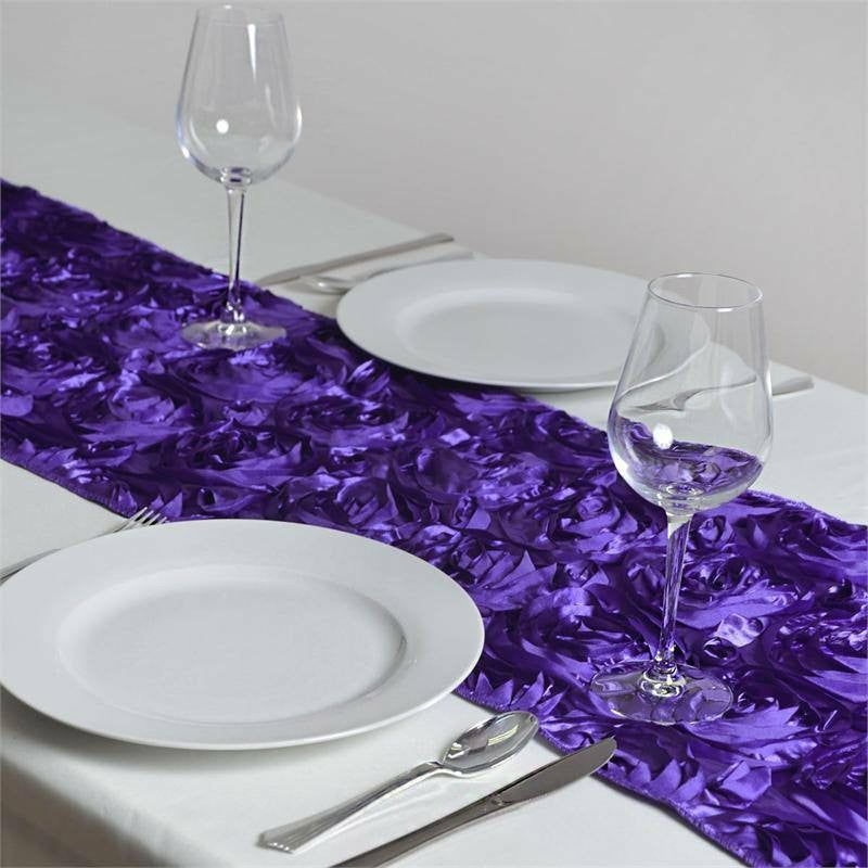 Purple Grandiose Rosette Satin Table Runner 14″x108″  |   Satin & Taffeta Table Runners Purple