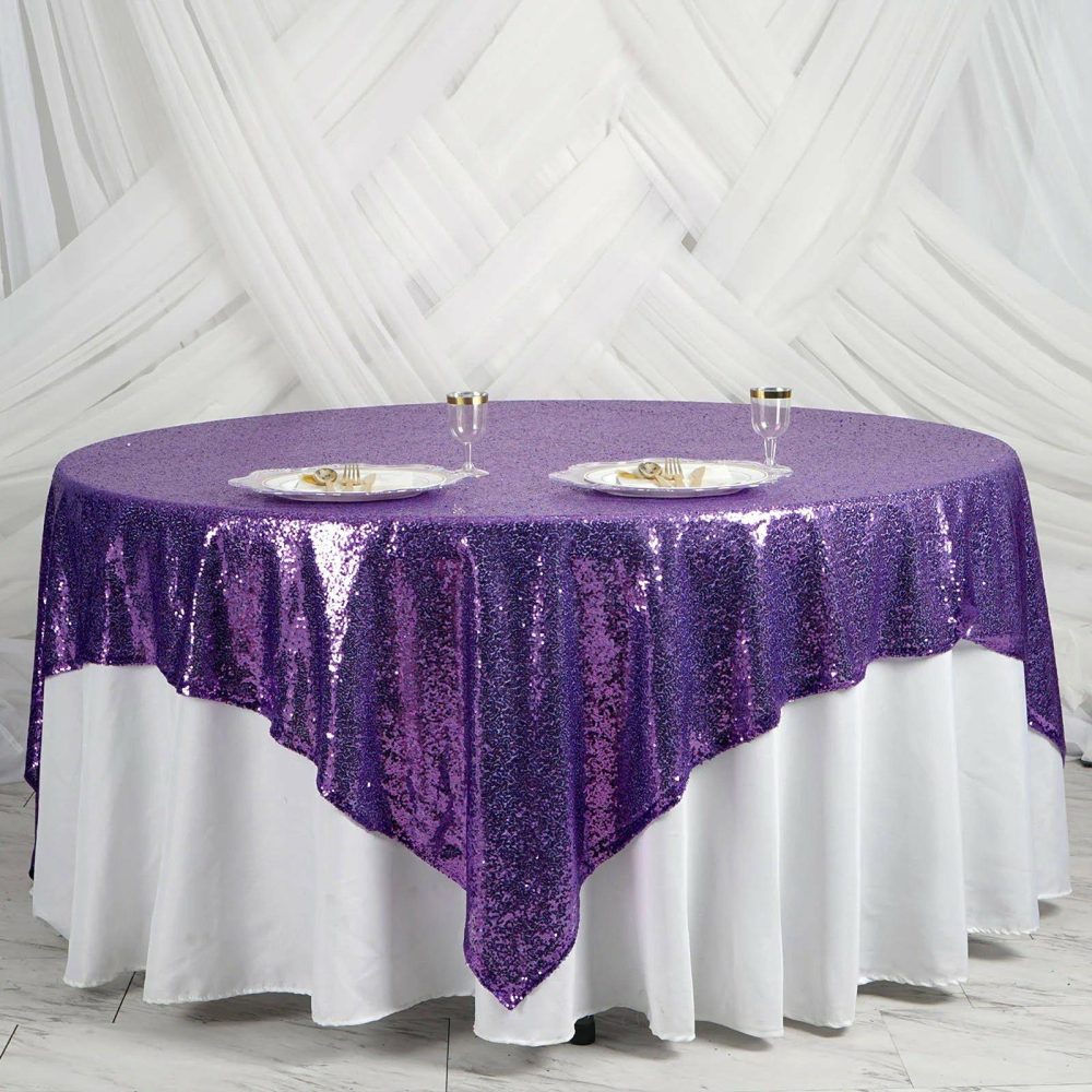 Purple Premium Sequin Square Table Overlay, Sparkly Table Overlay 90″x90″  |   Sequin Sequin Purple