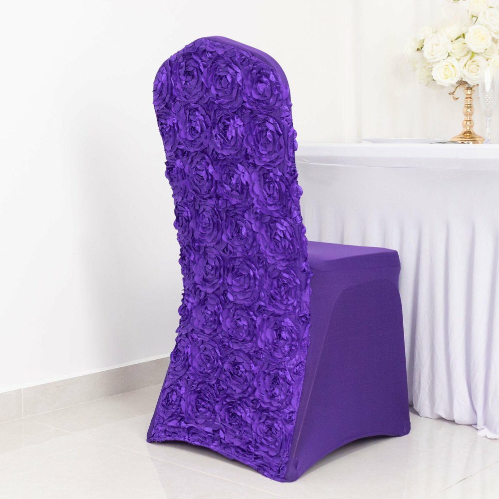 Purple Satin Rosette Spandex Stretch Banquet Chair Cover, Fitted Slip On Chair Cover  |   Spandex Fitted Banquet Chair Covers Purple