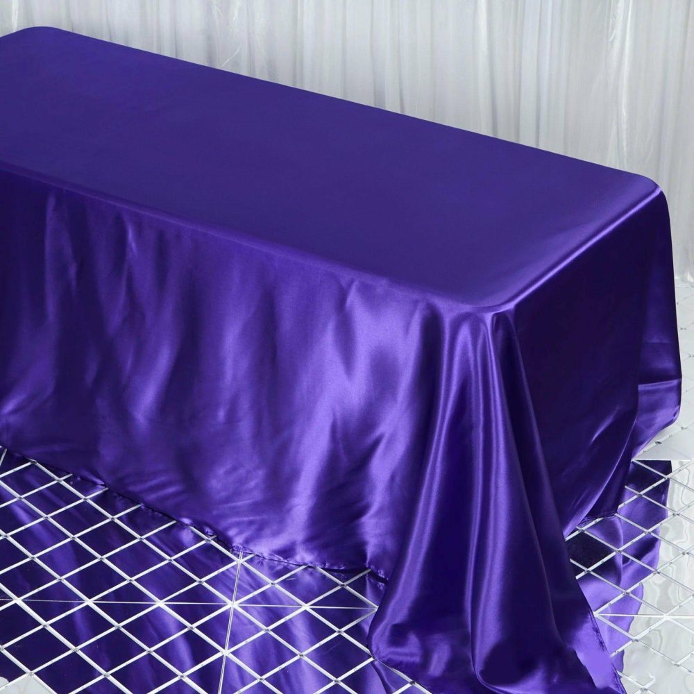 Purple Satin Seamless Rectangular Tablecloth 90″x132″ for 6 Foot Table With Floor-Length Drop  |   Satin Satin Purple