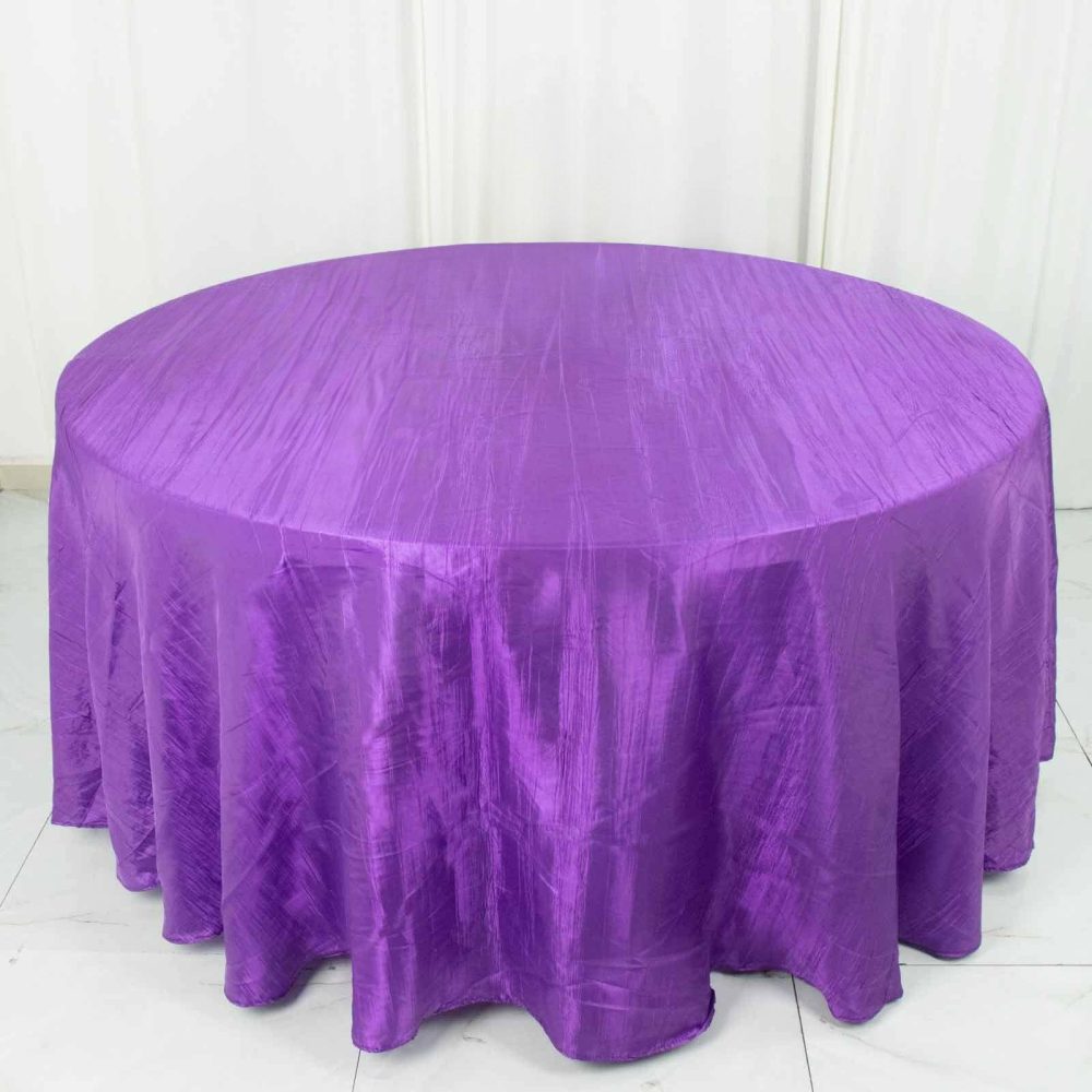 Purple Seamless Accordion Crinkle Taffeta Round Tablecloth 120″ for 5 Foot Table With Floor-Length Drop  |   Pintuck, Crinkle & Leaf Pintuck, Crinkle & Leaf Pintuck, Crinkle & Leaf