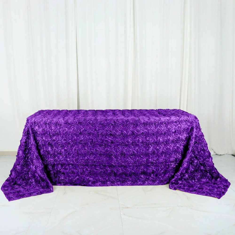 Purple Seamless Grandiose 3D Rosette Satin Rectangle Tablecloth 90″x132″ for 6 Foot Table With Floor-Length Drop  |   Rosette Rosette Purple