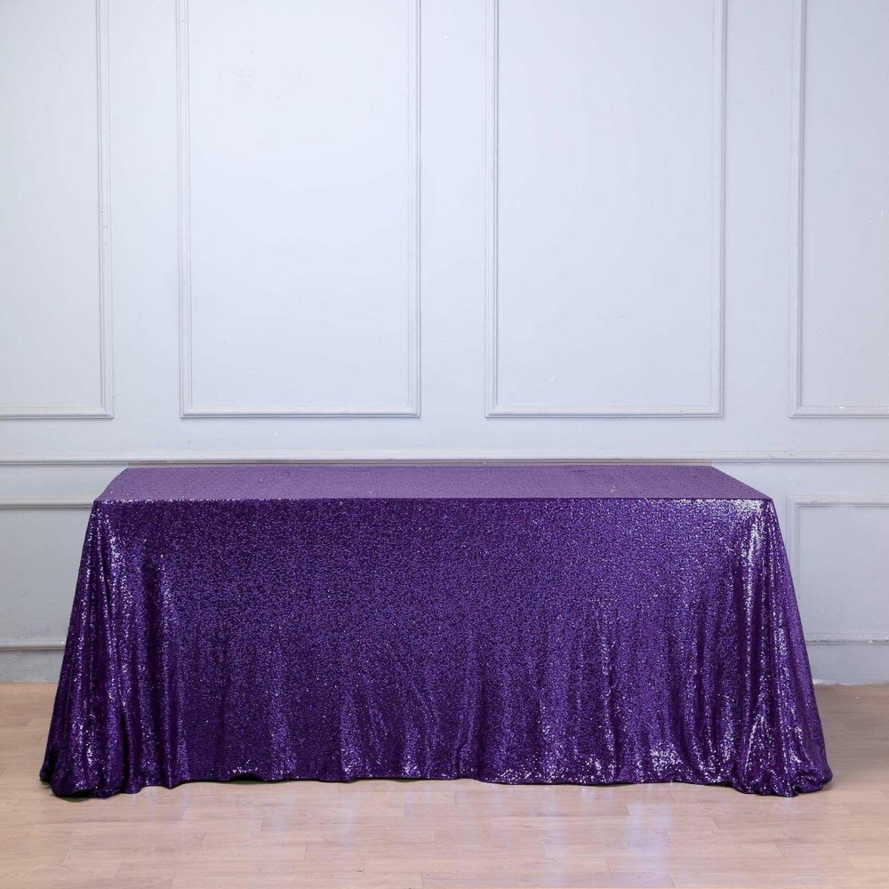 Purple Seamless Premium Sequin Rectangle Tablecloth 90″x132″ for 6 Foot Table With Floor-Length Drop  |   Sequin Sequin Purple